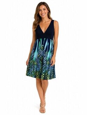 Costa Blanca Dress Blue Green Yellow Black Peacock Feather Umpire Waist Small